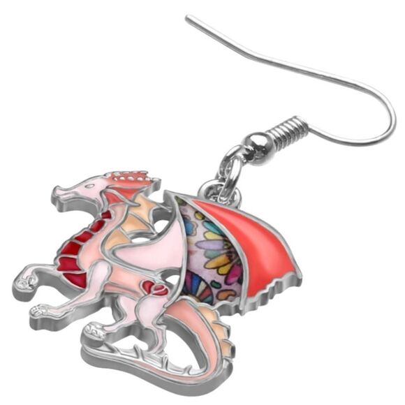 Silver and Multicolor Enamel Mythical Dragon Dangling French Wire Hook Earrings - Picture 2 of 5